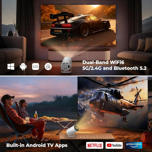 Mini Projector with Android 11, 4K Support, WiFi 6, Bluetooth 5.2, 180 Rotation, Auto Keystone 2