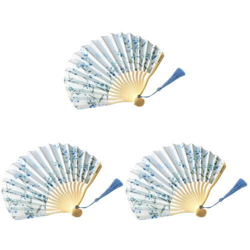 3Pièces Éventail Décoratif Bleu Coton Manche Bambou Durable 1