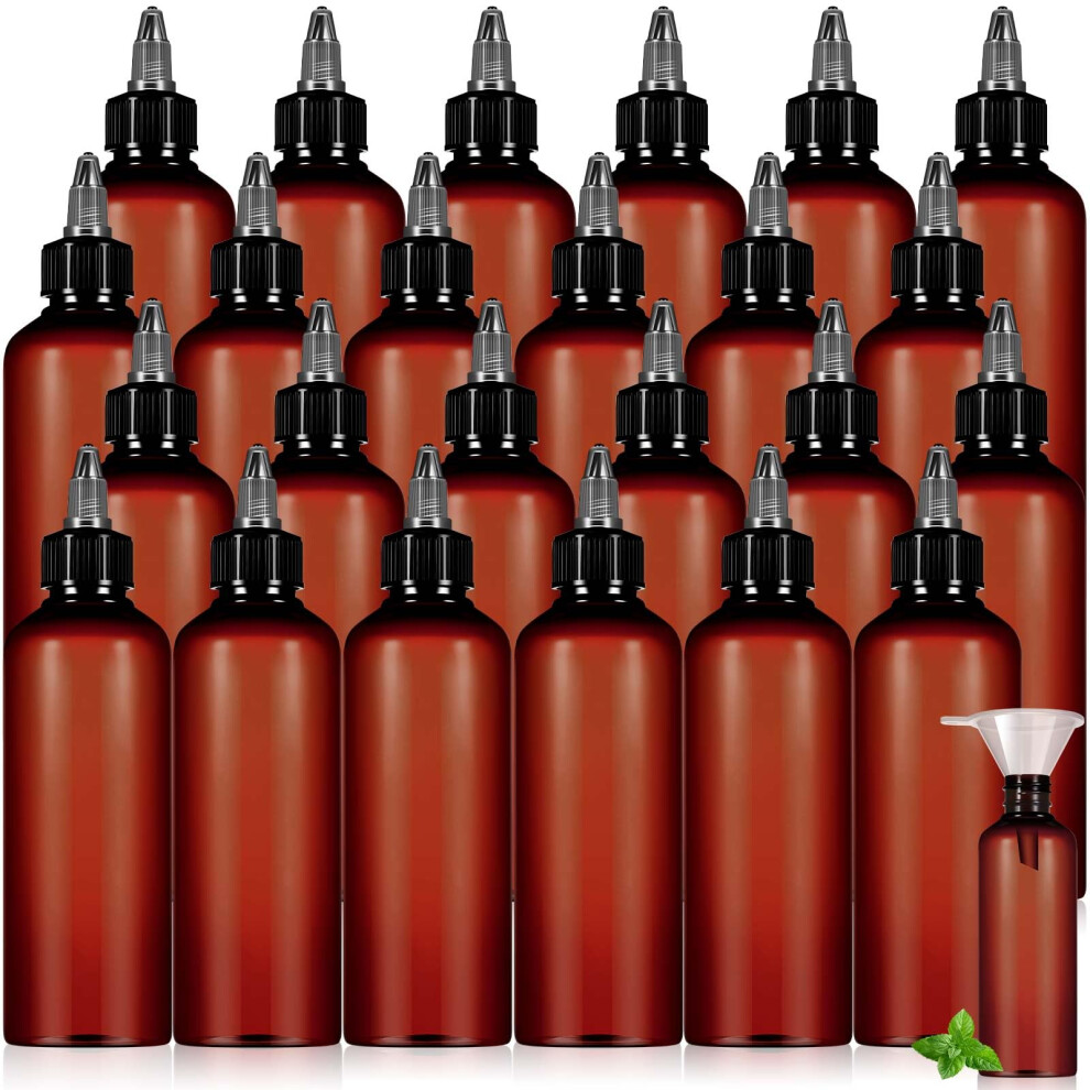 24 Pack Amber Squeeze Bottles for Hair Oil, Reusable LDPE Applicator Bottles with Funnels and Twist Caps
