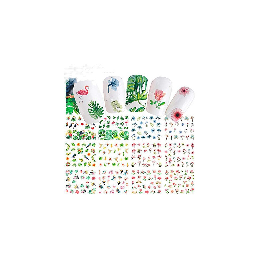Flower Leaf Flamingo Nail Art Stickers Set, Easy Water Transfer Manicure Decals, 12 Sheets