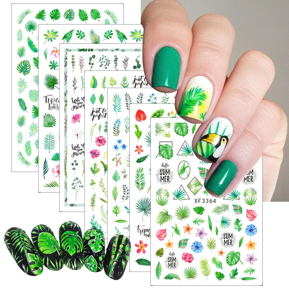 Green 7 Sheets 3D Palm Leaf Nail Art Stickers Selfadhesive Tropical Flower Decals For Diy Manicure