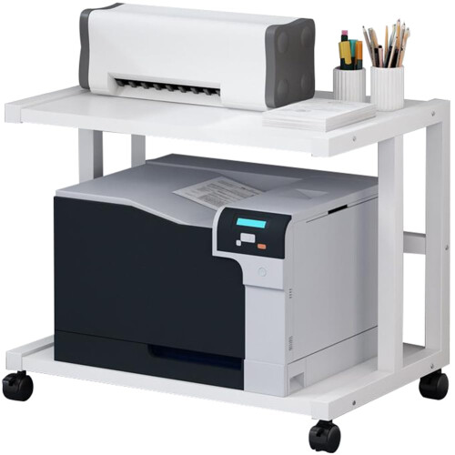 White Printer Stand with Storage Shelves, Under Desk Rolling Table with Wheels, Adjustable, Compact 58cm