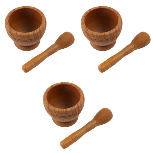 3Pièces Mortier Pilon Marron Pour Ail Épices Cuisine 2