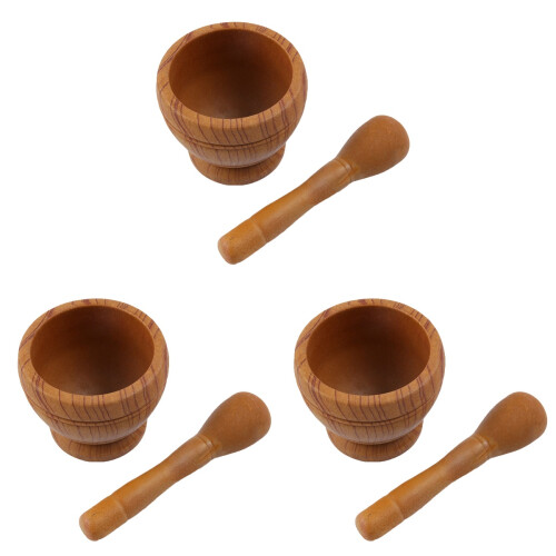 3Pièces Mortier Pilon Marron Pour Ail Épices Cuisine 1