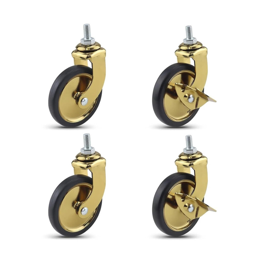 3 Inch Swivel Caster Wheels With Brake, Gold Threaded Stem Casters 8X15 For Furniture And Trolley 9099447377968