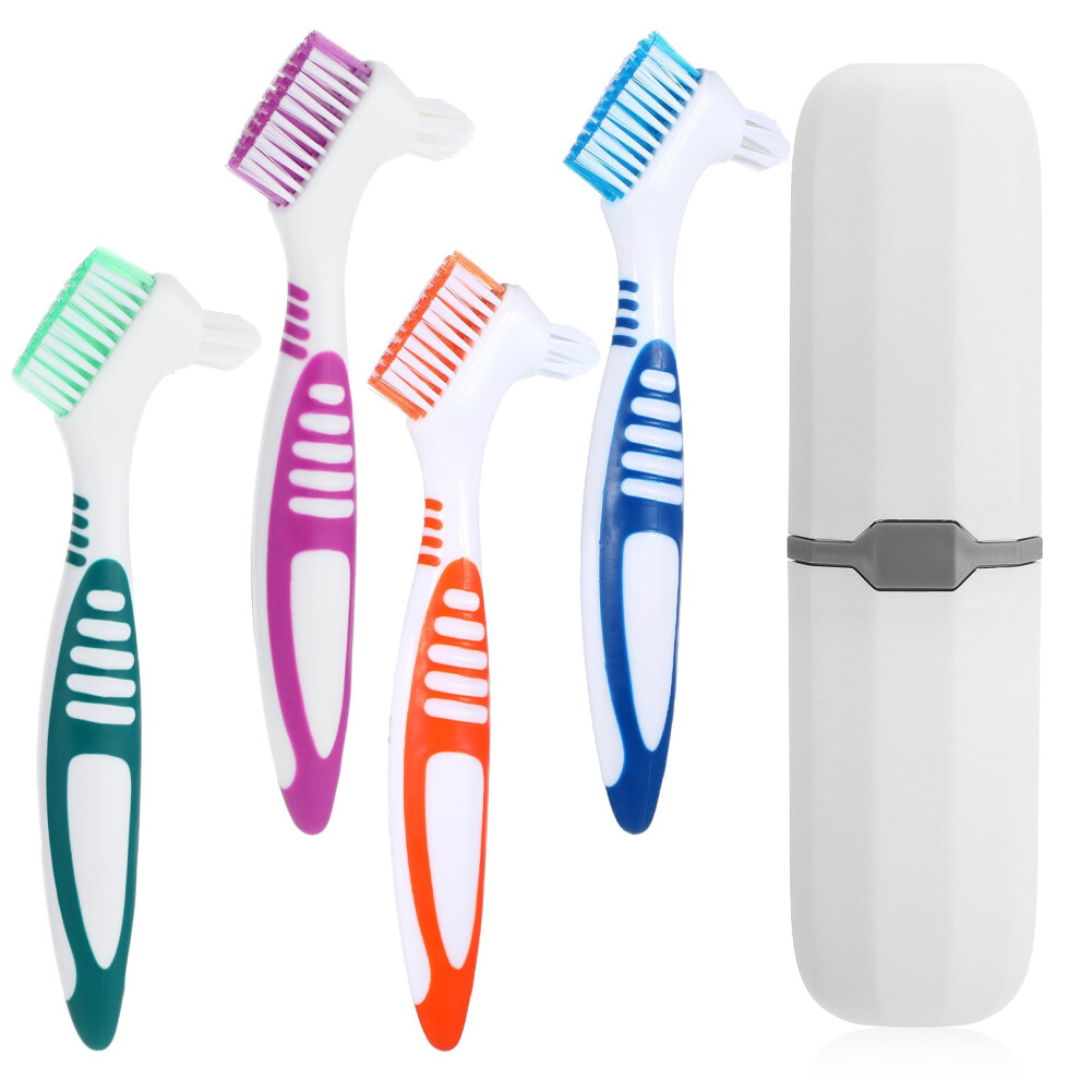 White Denture Brush Set With Dualhead Hard Bristles And Travel Case, 4 Colorcoded False Teeth Brushes