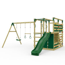 OutdoorToys NinjaPlay Climbing Frame Double Swing Set with Slide & Trapeze Bar for Kids