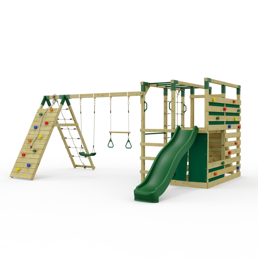 Rebo Outdoortoys Ninjaplay Climbing Frame Double Swing Set With Climbing Wall And Slide & Trapeze Bar