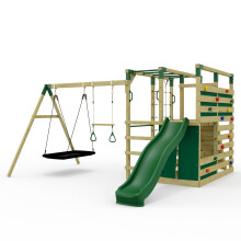 OutdoorToys NinjaPlay Climbing Frame Double Swing Set with Slide, Trapeze Bar & Boat for Kids