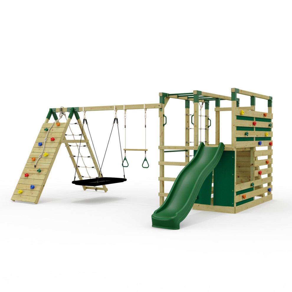 Rebo Outdoortoys Ninjaplay Climbing Frame Double Swing Set With Climbing Wall And Slide, Trapeze Bar & Boat