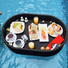Floating Pool Tray with Stable Aluminum Frame, Rattan Serving Table for Pool Parties, Dual Color Options