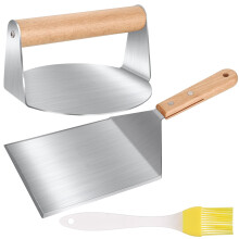 Smash Burger Press and XXL Grill Spatula Set with Wooden Handles and Basting Brushes for BBQ Cooking