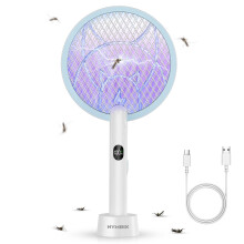 Rechargeable Electric Fly Swatter Racket, 2 in 1 Bug Zapper with Base, 1800mAh Battery and 3Layer Safety Mesh for Outdoor
