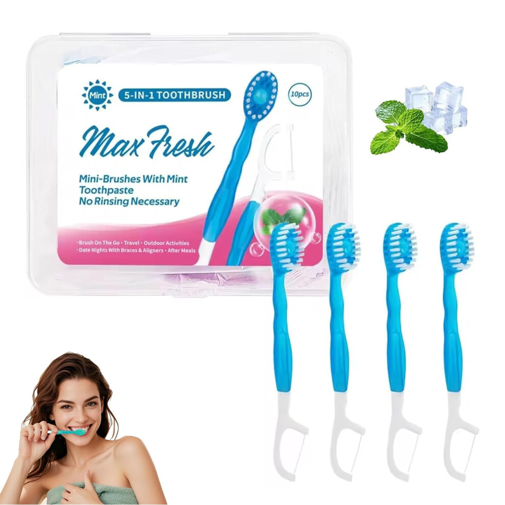 5 in 1 Disposable Travel Toothbrush with Toothpaste Floss Pick Tongue Scraper Mint Flavor 10 Pcs