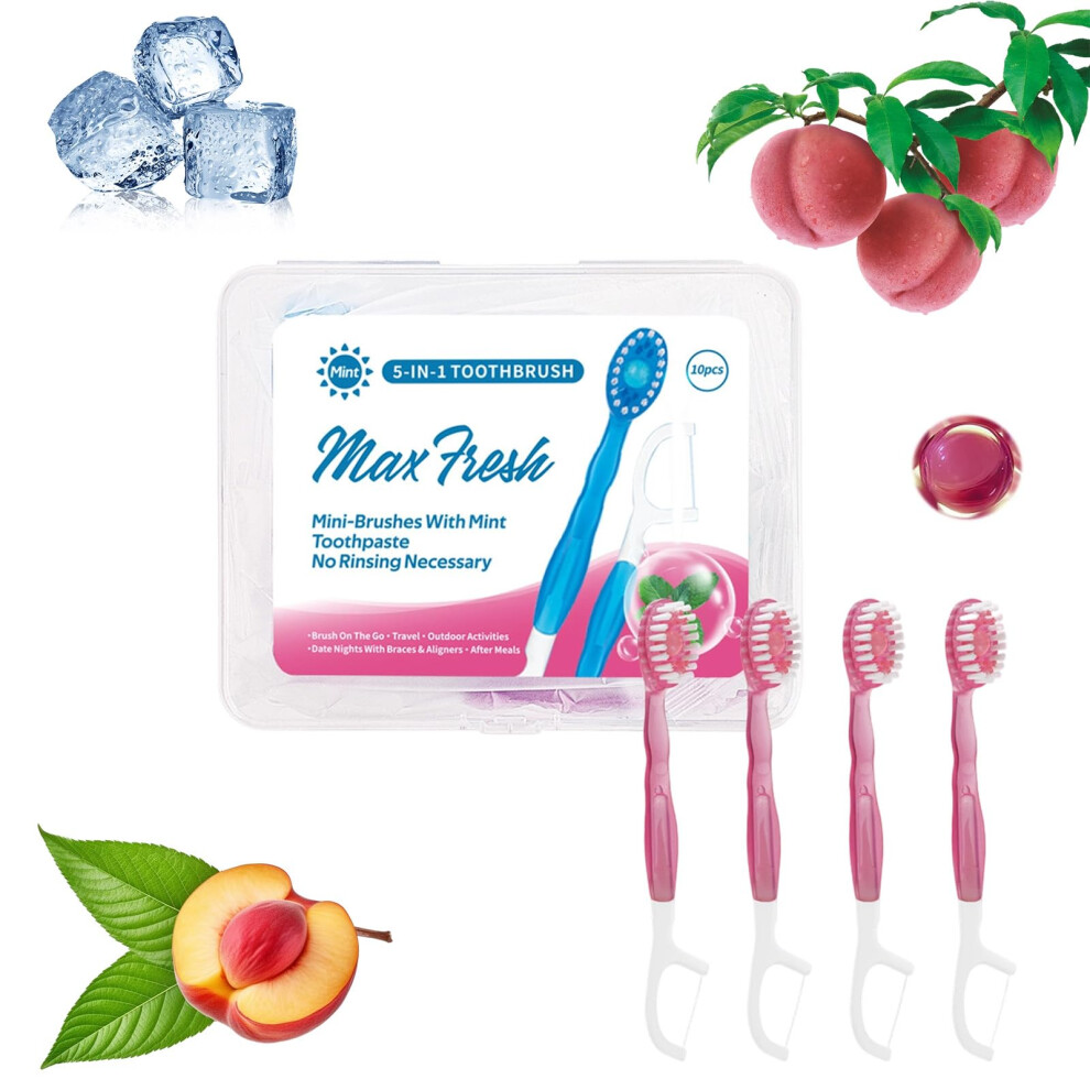 Travel Toothbrush Kit 5in1 with Floss Toothpick Tongue Scraper, 10pcs Disposable Waterless Set for Travel