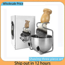 (As show, One size) Mens Shaving Brush and Bowl Set, 3-in-1 Shaving Brush Kit Wood Handle with Stainless Steel Shaving Bowl & Brush Standas