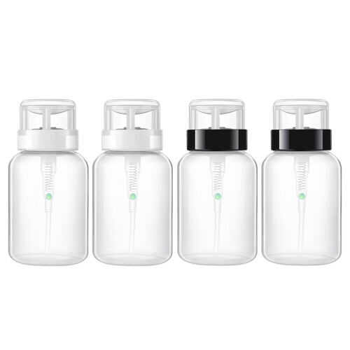 4 flacons vides 200 ml pour dissolvant avec pompe, 2 noirs, 2 blancs