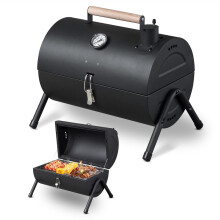 Portable Charcoal Grill with Thermometer and Wooden Handle, Compact Tabletop BBQ for Camping
