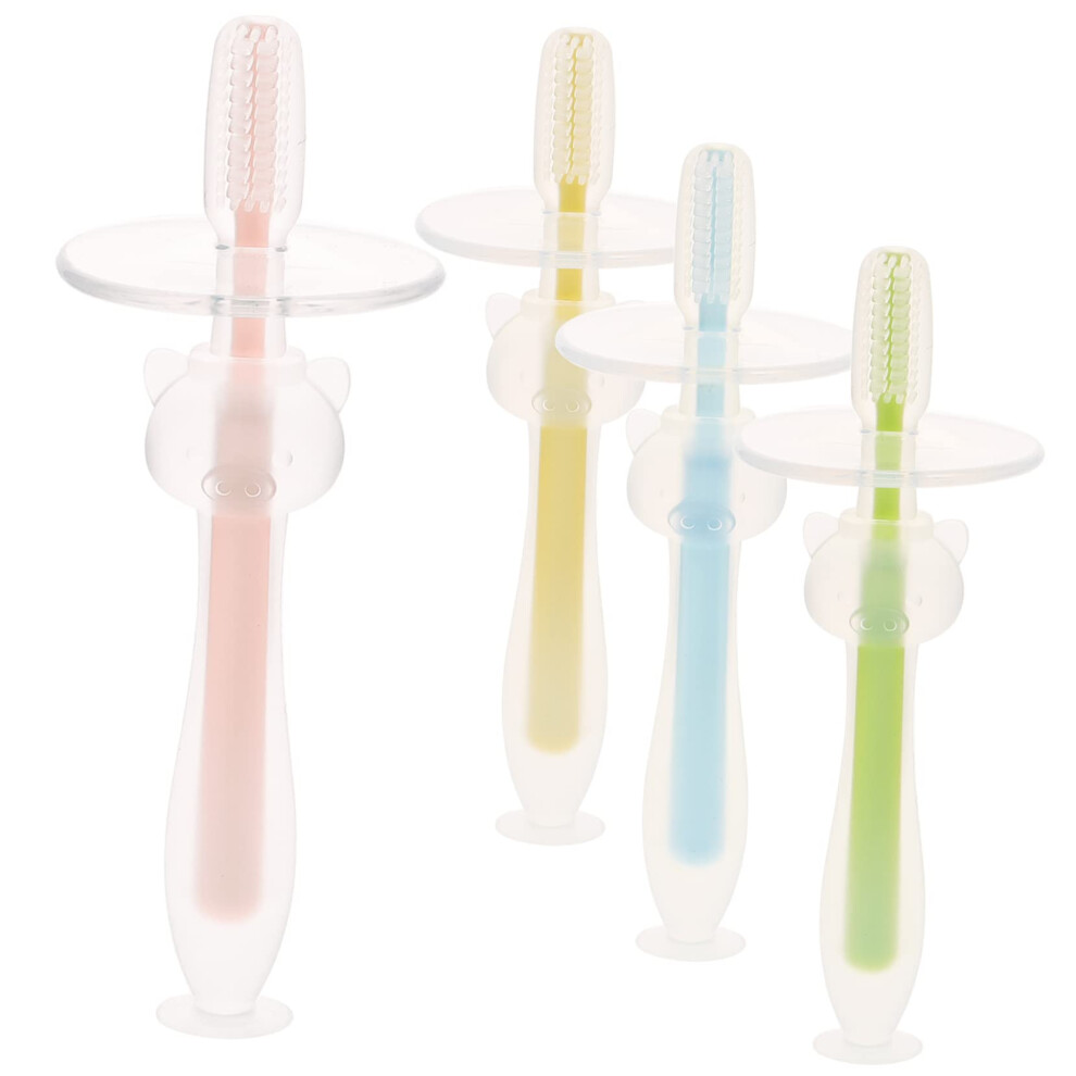 Baby Silicone Toothbrush with Safety Guard and Suction Base, Soft Bristle Toddler Training Set