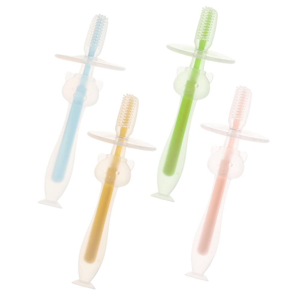 Baby Silicone Toothbrush 4pcs Soft Bristles with Suction Base for Newborn Oral Care and Toddler Teeth Training in Pink Yellow Green Blue