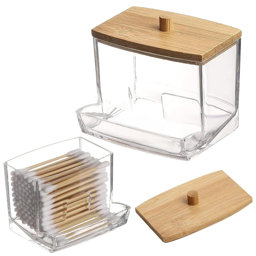 Cotton Swab Holder and Holder for Qtip with MoistureProof Bamboo Lid, Clear Organizer for Bathroom