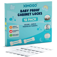 Ximogo? (12 Pack+4 Extra Adhesives) Cupboard Locks for Children - Premium Baby Proofing Child Locks for Kitchen Cupboards - No Drill Required - Secure