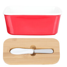 1Set Keramik Butterbehälter Rot Mit Holzdeckel Und Praktischem Messer