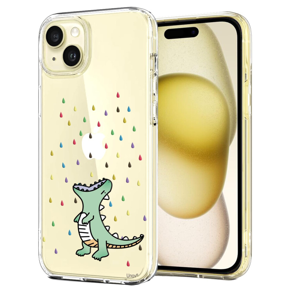 Unov Case Compatible With Iphone 15 Case Clear With Pattern Slim Protective Soft Tpu Bumper Embossed Design 6.1 Inch (Rainbow Dinosaur) 6974980003518