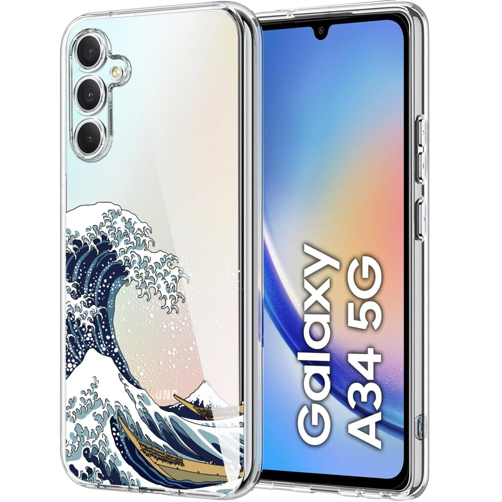 Unov Case Compatible With Galaxy A34 5G Case Clear With Design Soft Tpu Shock Absorption Slim Embossed Pattern Protective 6.6 Inch (Great Wave) 6974980004140