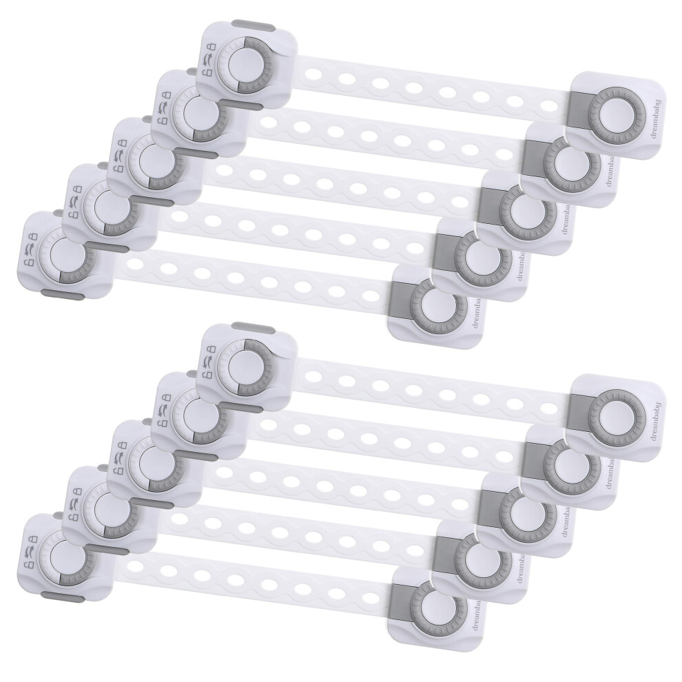 Dreambaby Dial-It Adhesive Cupboard Door Strap Locks 10 Pack, Lift & Turn Locking Feature Designed To Deter Children, Adjustable, Flexible &