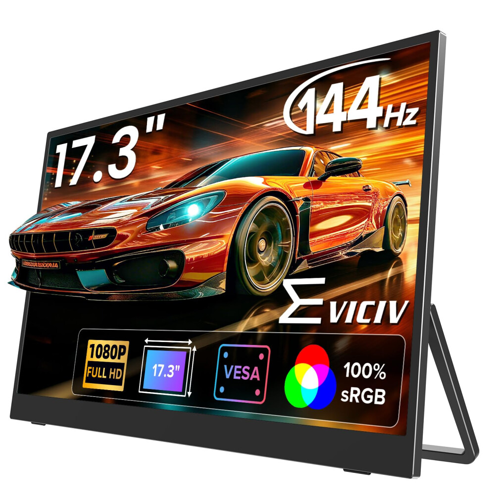 Eviciv 17.3" 144Hz Portable Monitor, 1080P Gaming Travel Portable Screen W/Vesa & Kickstand, Usb-C Mini Hdmi External Screen For Laptop/Pc/Phone, 6926316325290