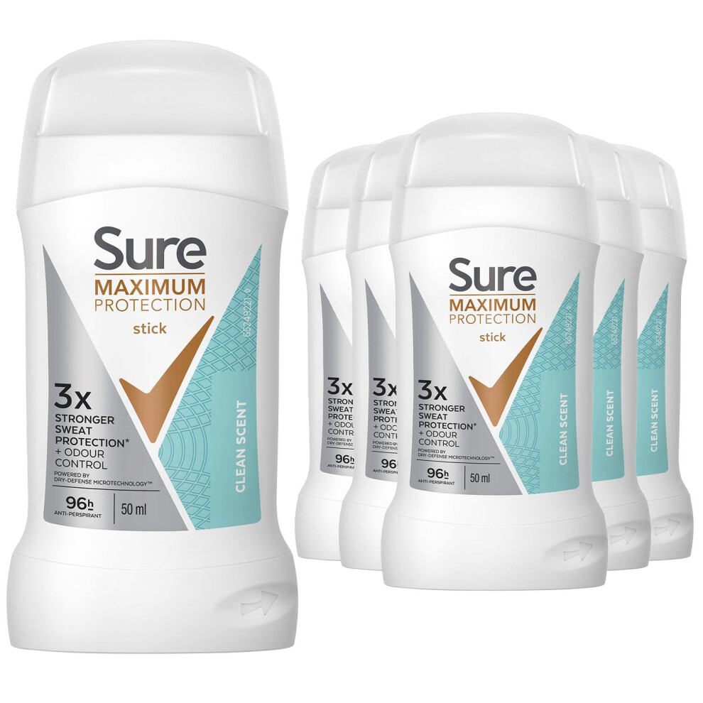 Sure (Clean Scent) Maximum Protection Clean Scent Or Cobalt Dry Anti-Perspirant Stick 50Ml,6Pk