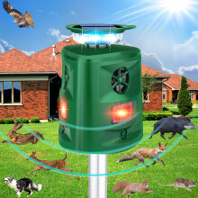 Solar Ultrasonic Animal Repeller Outdoor with Motion Sensor, Flashing Light, Dual Power Weatherproof