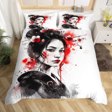 Japanese Duvet Cover Set Full Size with Pillowcases, Geisha and Cherry Blossom 3D Print, Zipper Closure