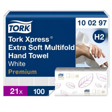 Tork Xpress Multifold Hand Towel, White, Extra Soft, Compatible with Tork H2 systems, QuickDry Technology, 21 packs of 100 sheets each (100297)
