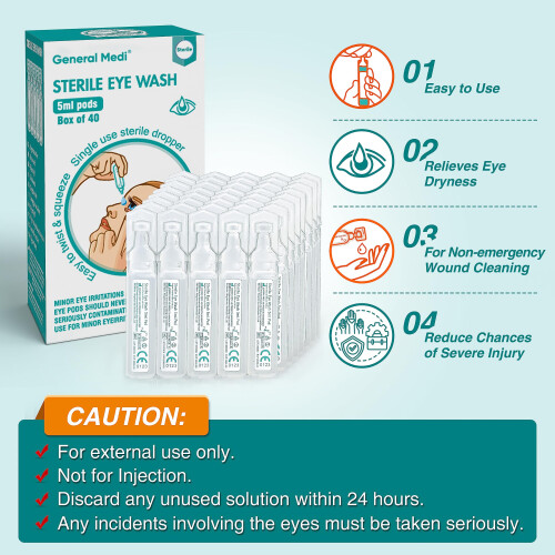General Medi Eye Wash - Sterile Saline Solution 5ml/0.9% (Pack of 40) 1