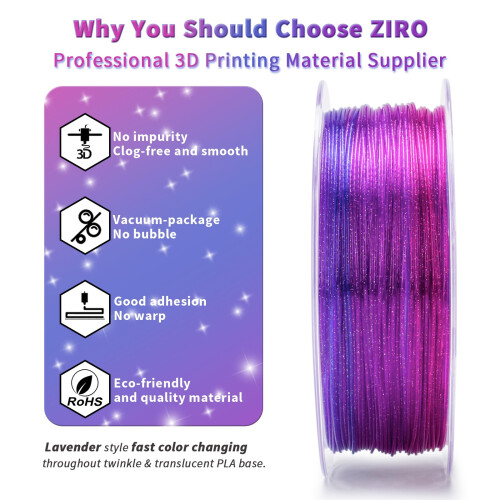 ZIRO Multicolor Gradient 3D Printer Filament, Fast Gradient Twinkle PLA 1.75mm, Translucent Multicolor 3D Filament, Fit Most 3D Printers, 1KG Spool, 2