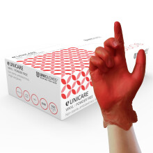 UNIGLOVES Unicare Vinyl Disposable Gloves - Multipurpose, Powder and Latex Free Examination Gloves - Box of 100 Gloves, Red, Large (GS0114)