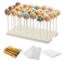28 Holes Cake Pop Stand and Wrappers Set, Lollipop Hold Stand, Candy Pop Holder with 100 Pcs Cake Pop Sticks, 100 Pcs Treat Bags, 100 Gold Twist Ties