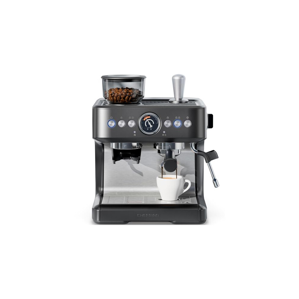 Chefman Crema Deluxe Double Boiler Espresso Machine Uses Milk Frother And Espresso Simultaneously, Professional Coffee Maker With Coffee Grinder And