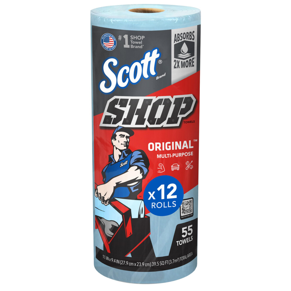 Scott Shop Towels Original, Heavy-Duty Blue Disposable Towels, Ultra-Strong, Ideal For Automotive & Industrial Cleaning, 12 Packs X 1 Roll X 55 Sheet 96775370