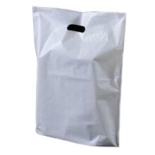 Strong Carrier Bags 15 x 18 + 3" Premium Quality - White Plastic Heavy Duty Patch Handle Plastic Bags for Fashion, Party, Boutique, Shopping - Sabco