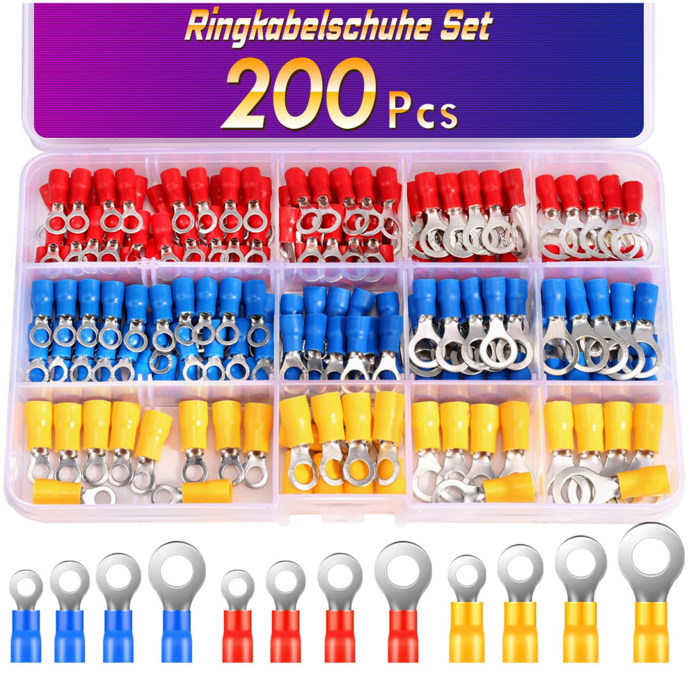 200 Pcs Ring Terminals, Anvinku 0.5-6.0Mmâ² Ring Crimps Terminals Connectors, Insulated Ring Terminals, Crimp Connectors For Automotive Repairs 76228254