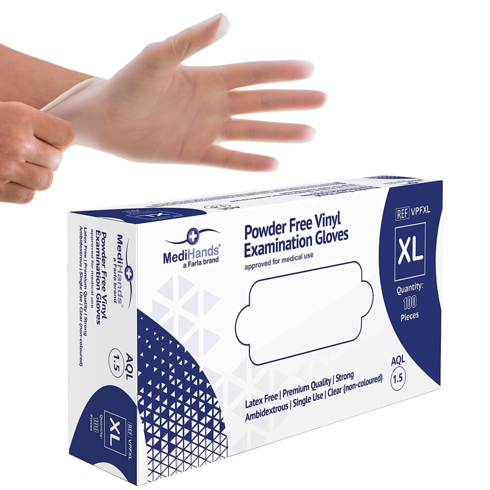 Farla Medical Medihands Vinyl Clear Extra Large Gloves, Disposable Surgical Gloves, Box Of 100, Powder Free, Latex Free, Protein Free, Medical, Food, Multi-Use