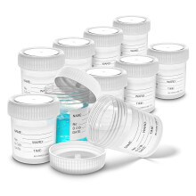 10x RE-GEN 60ml Clear Specimen Liquid Container Sample Pots - Secure Fit Screw Top White Lids & Printed Clear Identification ID Label