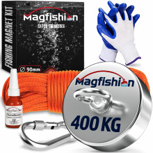 MAGFISHION Magnet Fishing Kit - 400 KG - Ø90mm - Super Strong Neodymium Magnet with Rope (20M), Carabiner, Gloves, Threadlocker - Magnetic Fishing Ma
