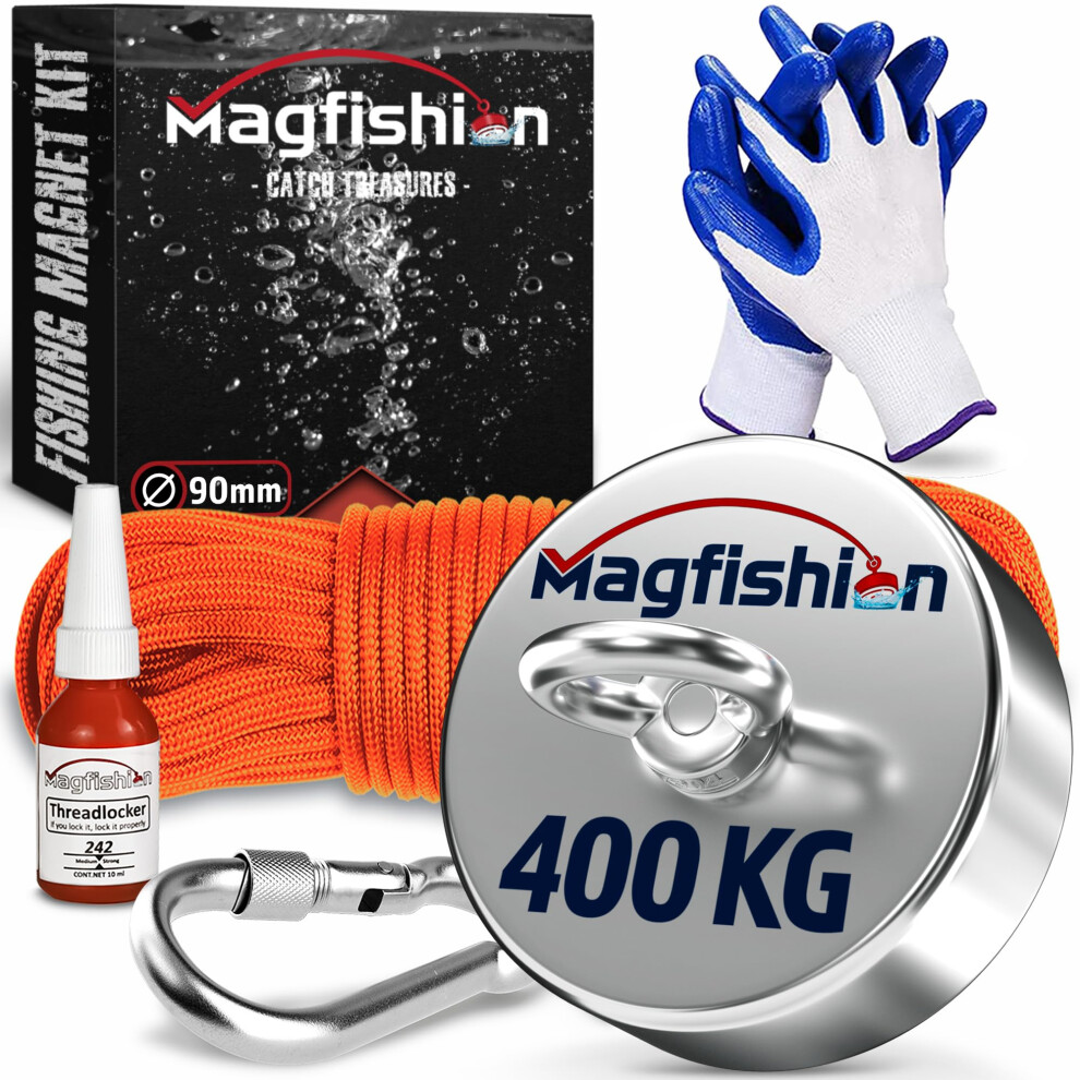Magfishion Magnet Fishing Kit - 400 Kg - Ã90Mm - Super Strong Neodymium Magnet With Rope (20M), Carabiner, Gloves, Threadlocker - Magnetic Fishing Ma 16723450