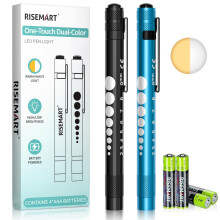RISEMART 2 Pack Pen Light for Nurse, Medical Penlight with One-Button Switch for White & Warm Light, Pupil Gauge & 5cm Ruler, Pocket Clip, Portable T