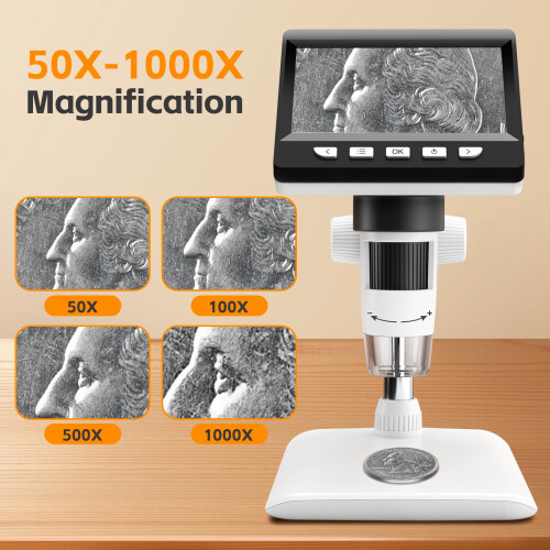 Digital USB Microscope, Misilmp 4.3" Screen 1000X Handheld Microscopes Camera Video Recorder, PC View, Adjustable Stand, Rechargeable Battery, 8 LED 1