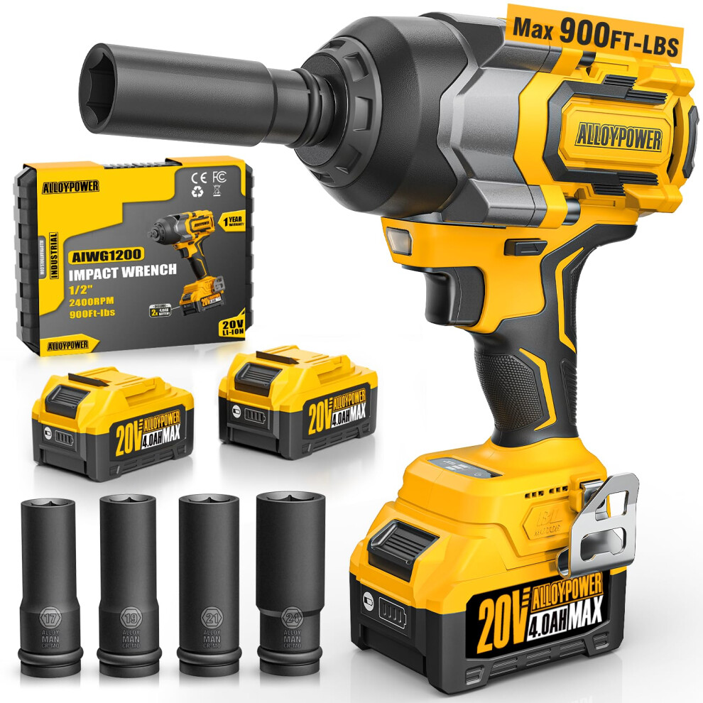 Cordless Impact Wrench 1/2 Inch 900Ftlbs Torque Brushless Driver 20V With 2 Batteries 9113335617452